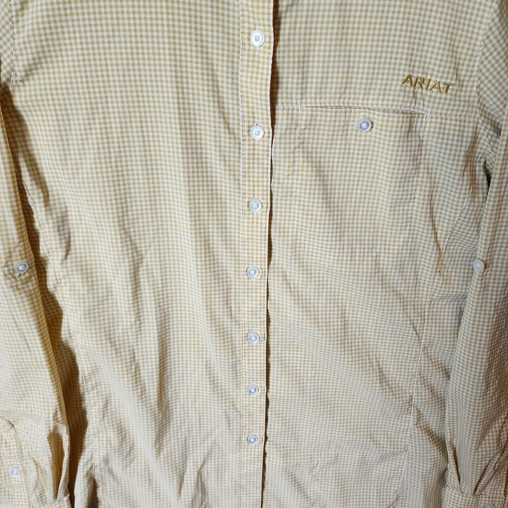 AriatTek Lightweight Long Roll Tab Sleeves Button Up Shirt Yellow Gingham Size L - Picture 3 of 13